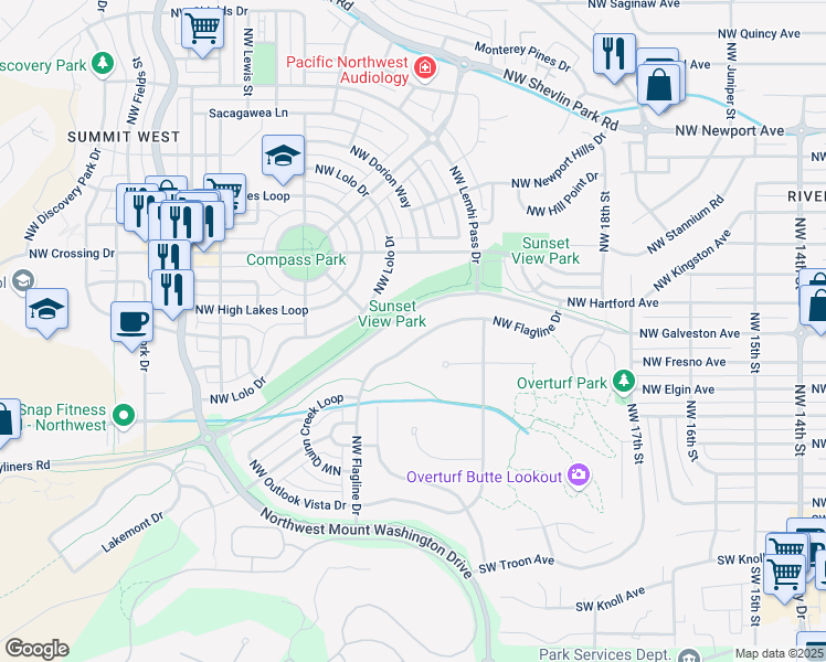 map of restaurants, bars, coffee shops, grocery stores, and more near 453 Northwest Flagline Drive in Bend