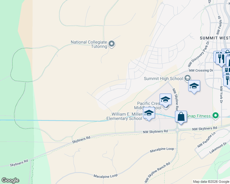 map of restaurants, bars, coffee shops, grocery stores, and more near 19100 Skyliners Road in Bend