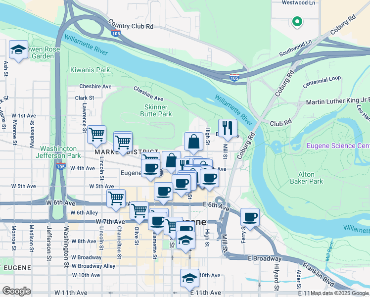 map of restaurants, bars, coffee shops, grocery stores, and more near 298 Pearl Street in Eugene