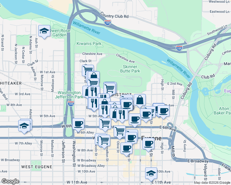 map of restaurants, bars, coffee shops, grocery stores, and more near 133 Shelton Mcmurphey Boulevard in Eugene