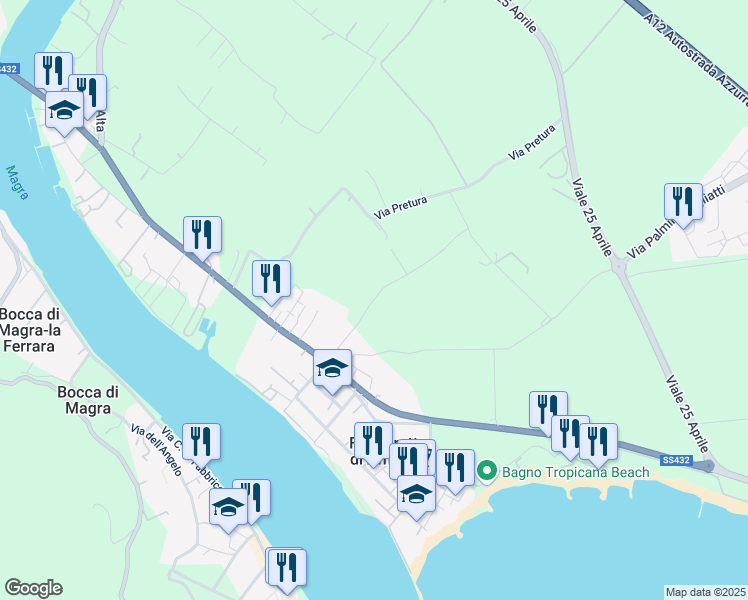 map of restaurants, bars, coffee shops, grocery stores, and more near Via Luni in Fiumaretta di Ameglia