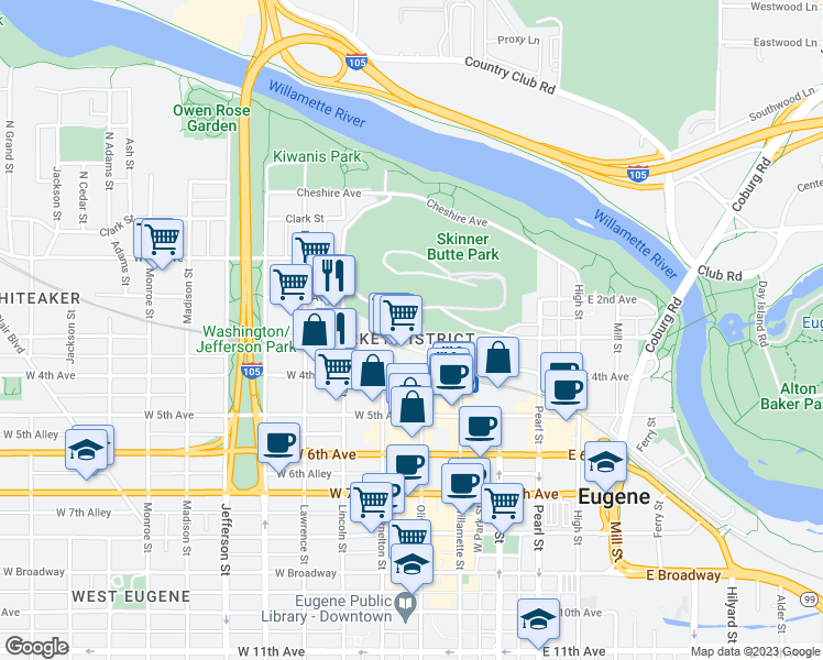 map of restaurants, bars, coffee shops, grocery stores, and more near 133 Shelton Mcmurphey Boulevard in Eugene