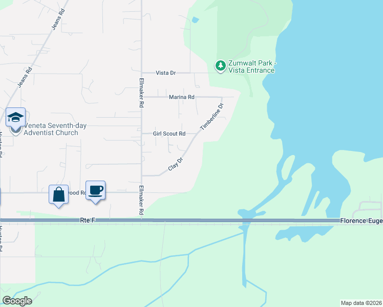 map of restaurants, bars, coffee shops, grocery stores, and more near 88369 Timberline Drive in Veneta