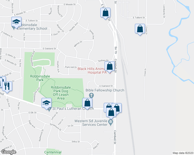 map of restaurants, bars, coffee shops, grocery stores, and more near 1358 East Oakland Street in Rapid City