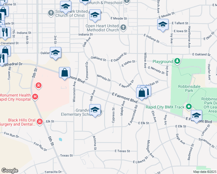 map of restaurants, bars, coffee shops, grocery stores, and more near 10 Fairmont Boulevard in Rapid City