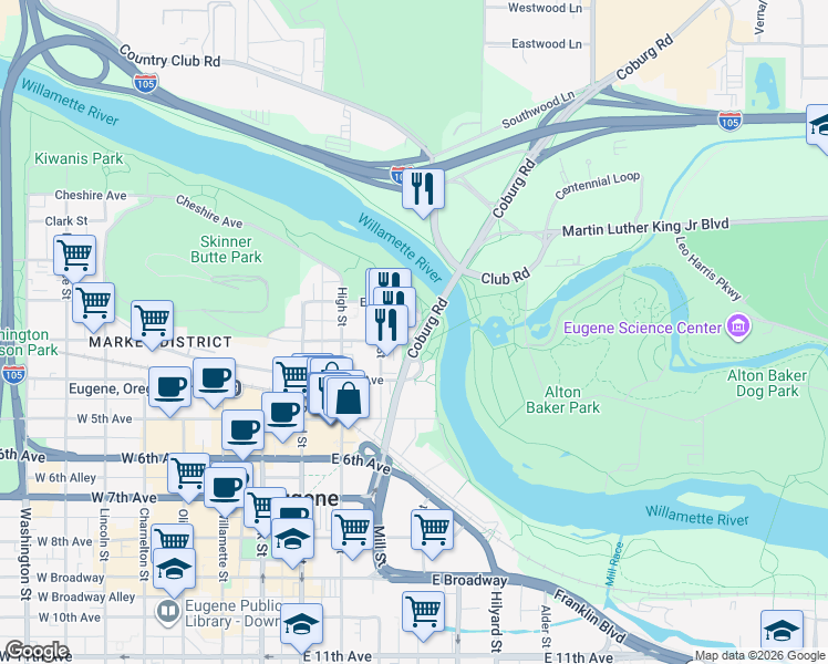 map of restaurants, bars, coffee shops, grocery stores, and more near 497 East 3rd Avenue in Eugene