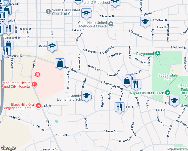 map of restaurants, bars, coffee shops, grocery stores, and more near 10 Fairmont Boulevard in Rapid City