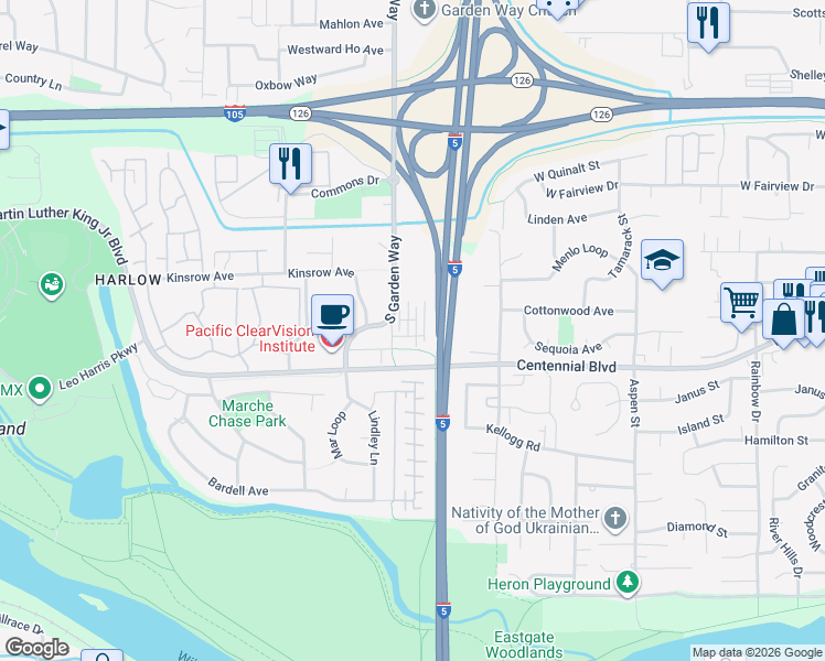 map of restaurants, bars, coffee shops, grocery stores, and more near 3650 Wylie Creek Place in Eugene
