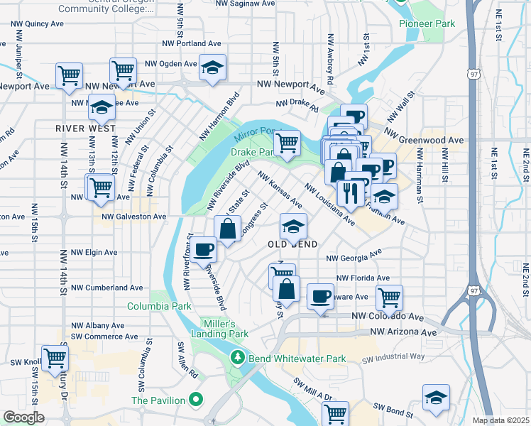 map of restaurants, bars, coffee shops, grocery stores, and more near 440 Northwest Congress Street in Bend
