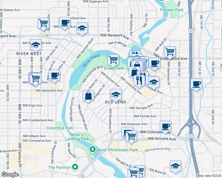 map of restaurants, bars, coffee shops, grocery stores, and more near 505 Northwest Broadway Street in Bend