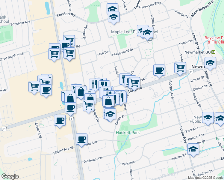 map of restaurants, bars, coffee shops, grocery stores, and more near 39 Walter Avenue in Newmarket