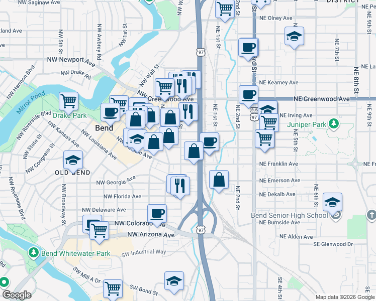 map of restaurants, bars, coffee shops, grocery stores, and more near 45 Northwest Greeley Avenue in Bend