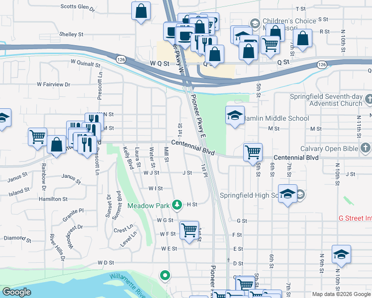 map of restaurants, bars, coffee shops, grocery stores, and more near 1261 1st Place in Springfield