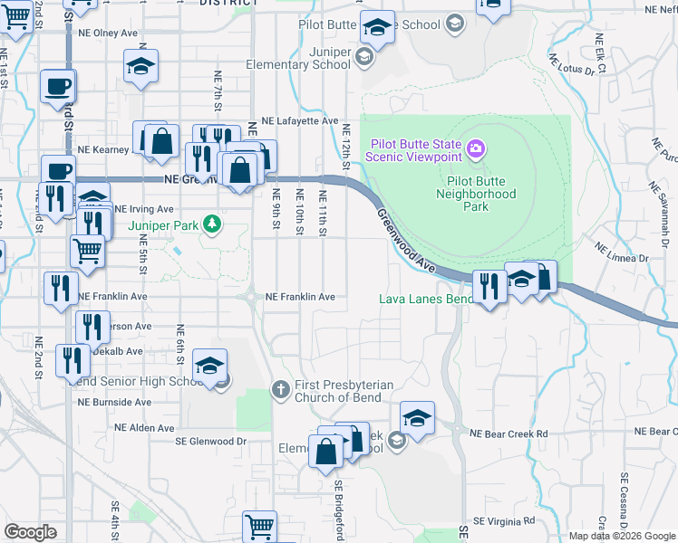 map of restaurants, bars, coffee shops, grocery stores, and more near 630 Northeast 11th Street in Bend