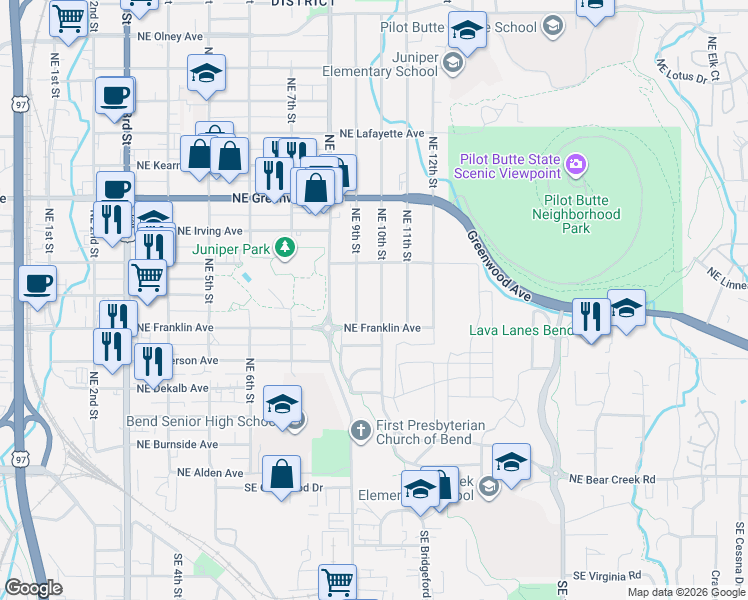 map of restaurants, bars, coffee shops, grocery stores, and more near 636 Northeast 10th Street in Bend