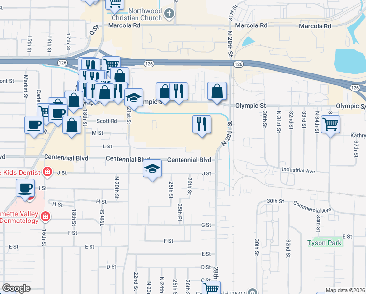 map of restaurants, bars, coffee shops, grocery stores, and more near 2579 L Street in Springfield