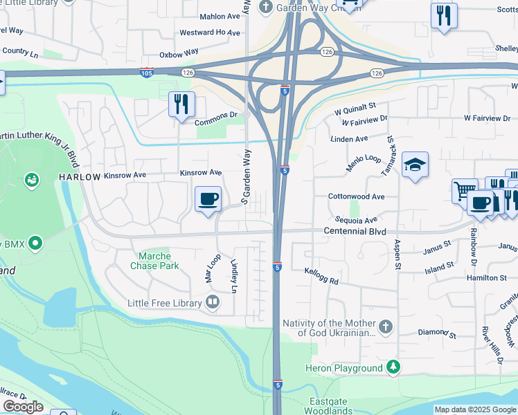 map of restaurants, bars, coffee shops, grocery stores, and more near 3650 Wylie Creek Place in Eugene