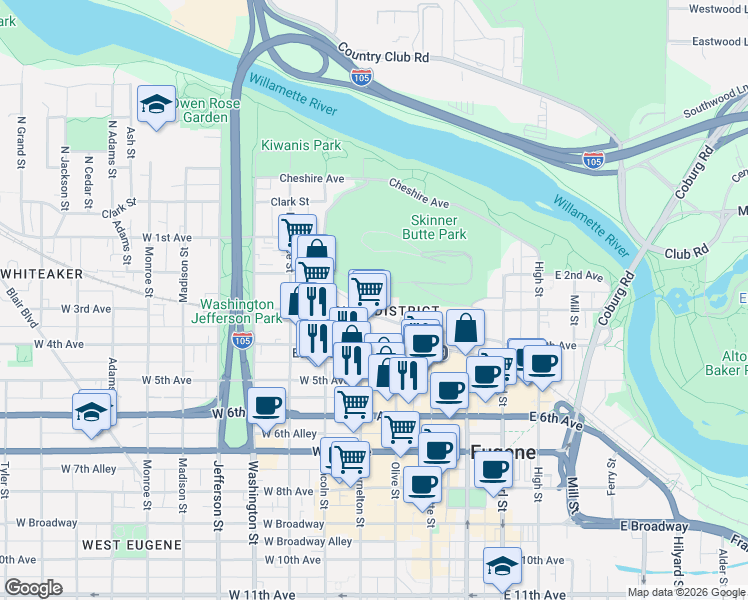 map of restaurants, bars, coffee shops, grocery stores, and more near in Eugene