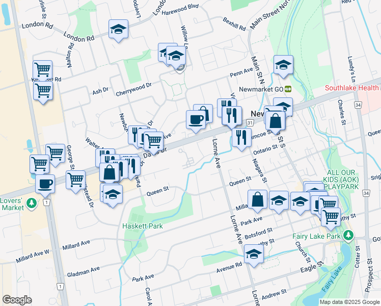 map of restaurants, bars, coffee shops, grocery stores, and more near in Newmarket