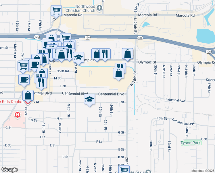 map of restaurants, bars, coffee shops, grocery stores, and more near 2579 L Street in Springfield