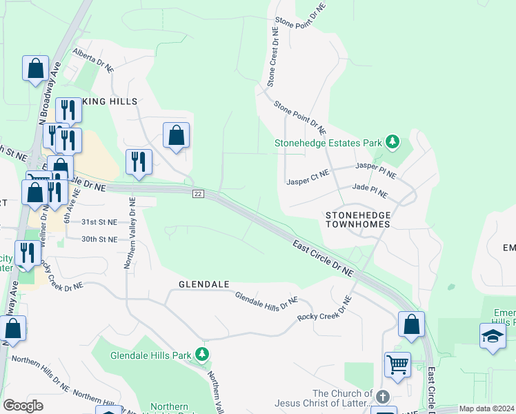 map of restaurants, bars, coffee shops, grocery stores, and more near 1876 Deerhaven Lane Northeast in Rochester