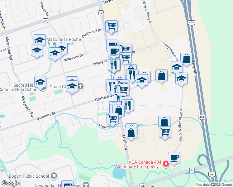 map of restaurants, bars, coffee shops, grocery stores, and more near Leslie St & Gorham St in Newmarket
