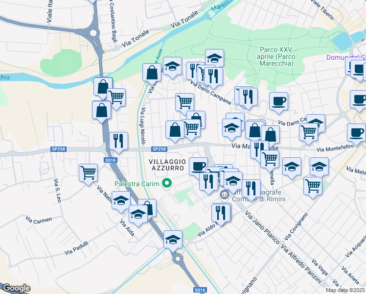 map of restaurants, bars, coffee shops, grocery stores, and more near 130 Via Marecchiese in Rimini