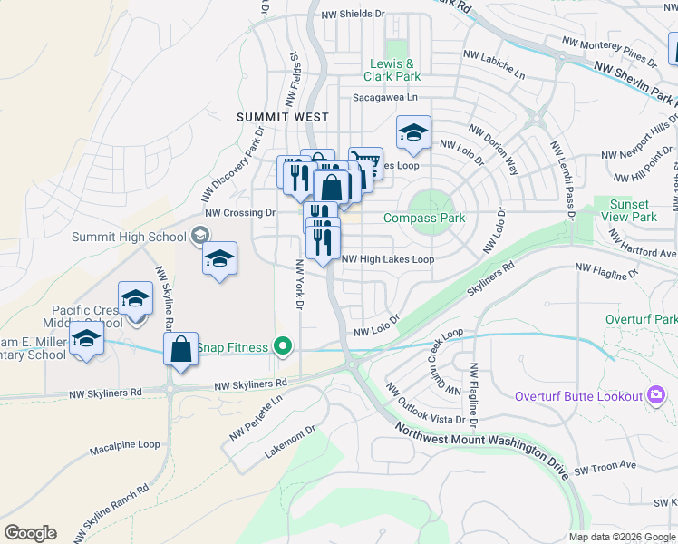 map of restaurants, bars, coffee shops, grocery stores, and more near 2133 Northwest Clearwater Drive in Bend