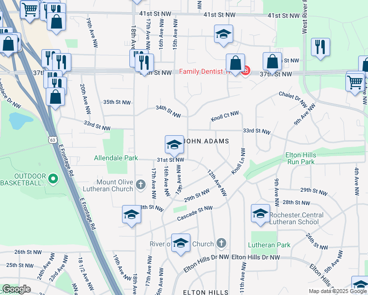 map of restaurants, bars, coffee shops, grocery stores, and more near 3112 15th Avenue Northwest in Rochester