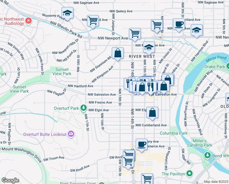 map of restaurants, bars, coffee shops, grocery stores, and more near 1569 Northwest Galveston Avenue in Bend