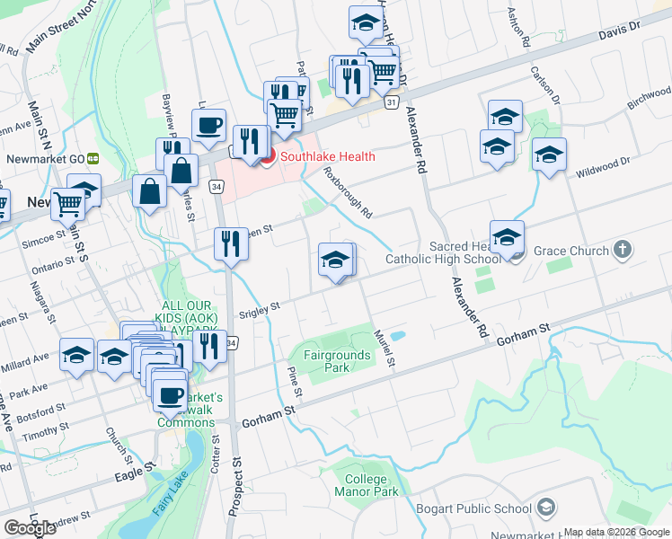 map of restaurants, bars, coffee shops, grocery stores, and more near 146 Wesley Street in Newmarket