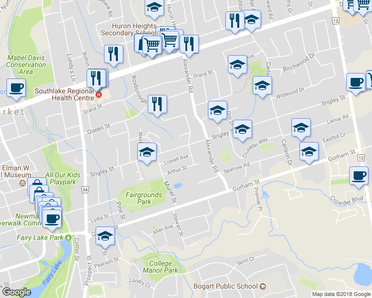 map of restaurants, bars, coffee shops, grocery stores, and more near 166 Newton Street in Newmarket