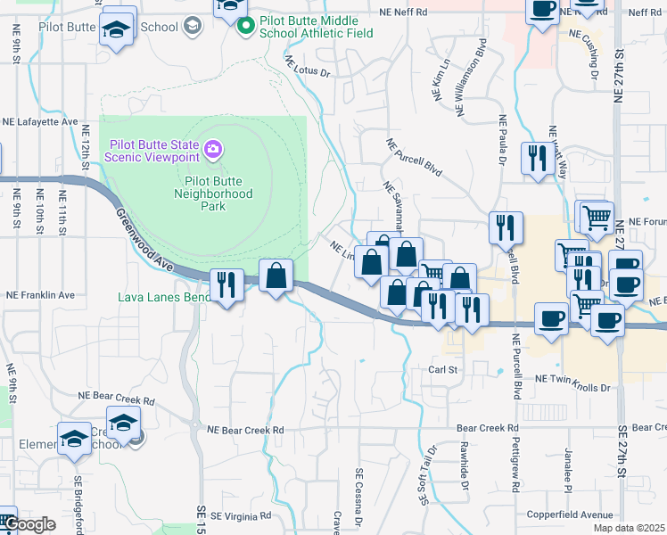 map of restaurants, bars, coffee shops, grocery stores, and more near 2001 Northeast Linnea Drive in Bend