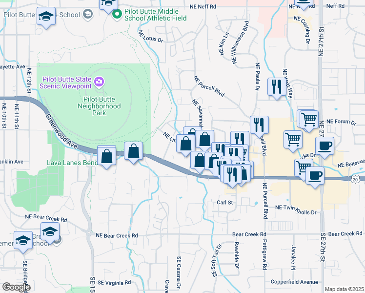 map of restaurants, bars, coffee shops, grocery stores, and more near 610 Northeast Highway 20 in Bend