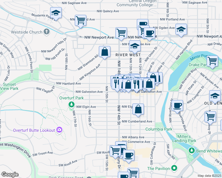 map of restaurants, bars, coffee shops, grocery stores, and more near 1475 Northwest Galveston Avenue in Bend