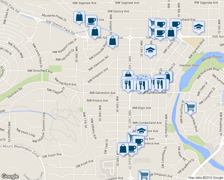 map of restaurants, bars, coffee shops, grocery stores, and more near 1569 Northwest Galveston Avenue in Bend