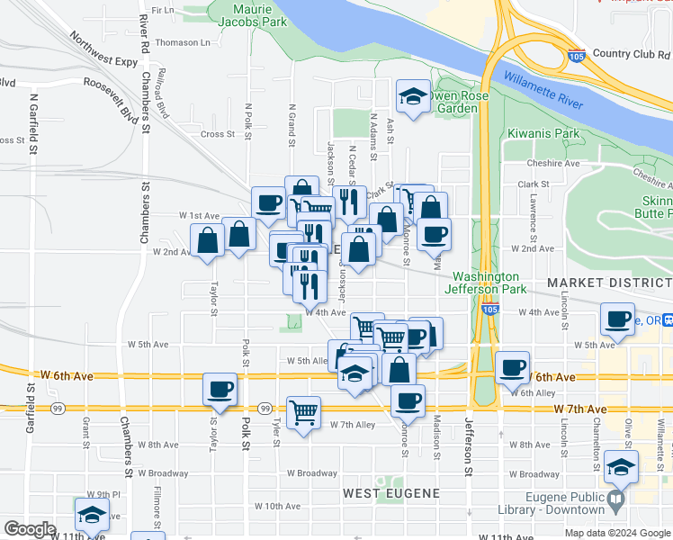 map of restaurants, bars, coffee shops, grocery stores, and more near 310 Jackson Street in Eugene