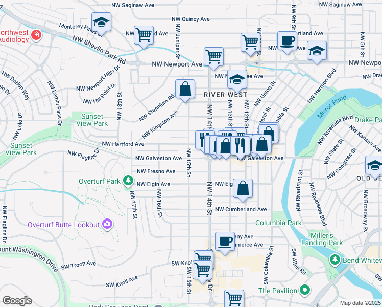 map of restaurants, bars, coffee shops, grocery stores, and more near 1490 Northwest Galveston Avenue in Bend