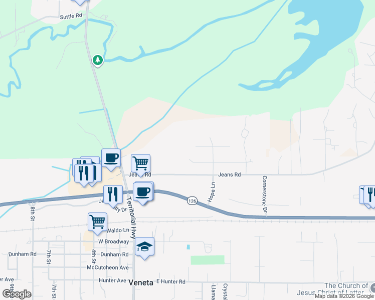 map of restaurants, bars, coffee shops, grocery stores, and more near Todd Way in Veneta