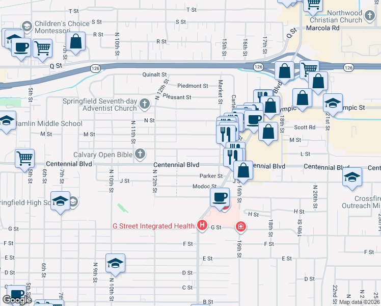 map of restaurants, bars, coffee shops, grocery stores, and more near 1342 Centennial Boulevard in Springfield
