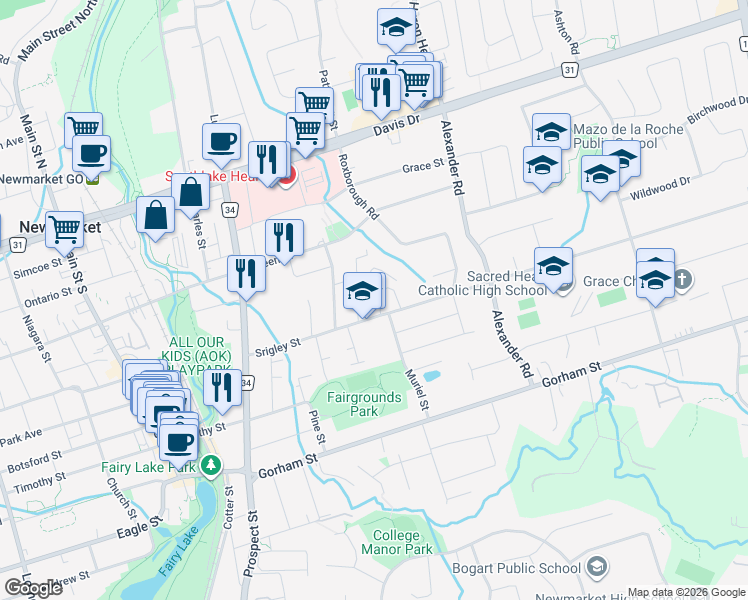 map of restaurants, bars, coffee shops, grocery stores, and more near 140 Vale Avenue in Newmarket