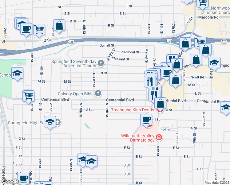 map of restaurants, bars, coffee shops, grocery stores, and more near 1249 L Street in Springfield