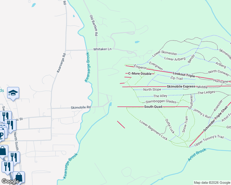 map of restaurants, bars, coffee shops, grocery stores, and more near 239 Skimobile Road in Conway