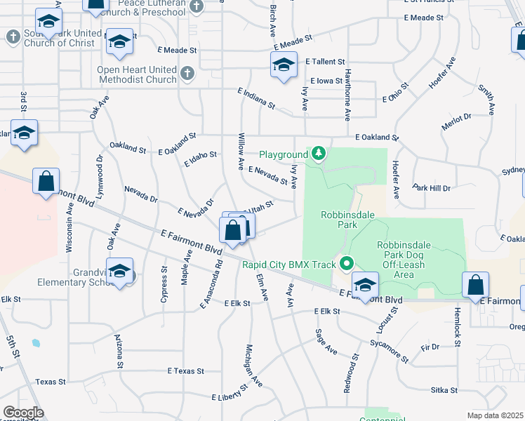 map of restaurants, bars, coffee shops, grocery stores, and more near 419 East Utah Street in Rapid City