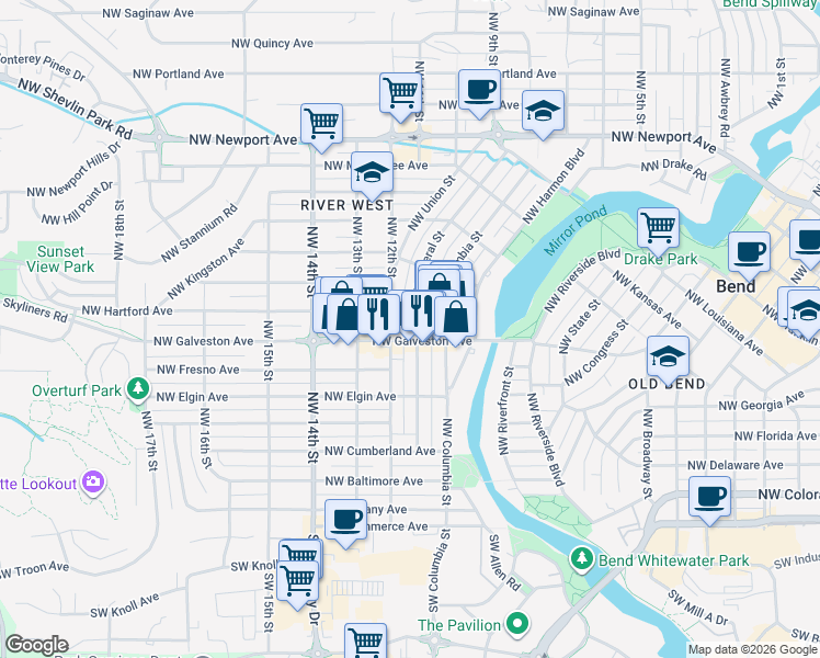 map of restaurants, bars, coffee shops, grocery stores, and more near 713 Northwest Federal Street in Bend