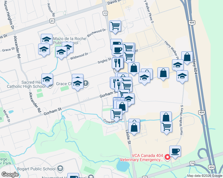 map of restaurants, bars, coffee shops, grocery stores, and more near 1059 Gorham Street in Newmarket
