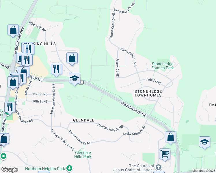 map of restaurants, bars, coffee shops, grocery stores, and more near 1822 Deerhaven Lane Northeast in Rochester
