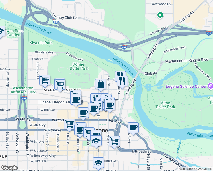 map of restaurants, bars, coffee shops, grocery stores, and more near 260 High Street in Eugene