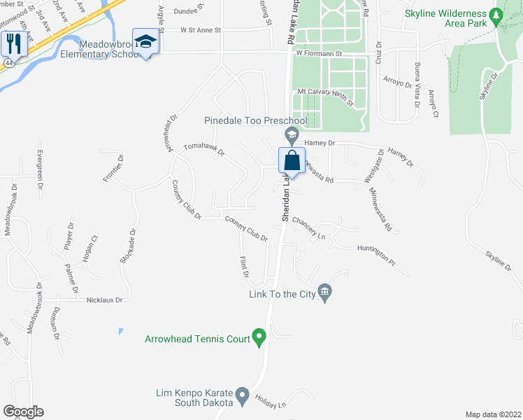 map of restaurants, bars, coffee shops, grocery stores, and more near 2701 Rawhide Drive in Rapid City