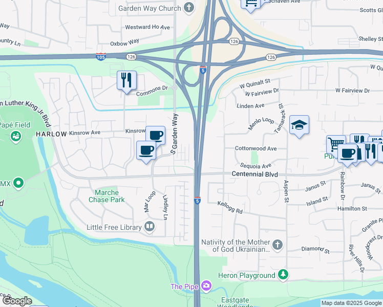 map of restaurants, bars, coffee shops, grocery stores, and more near 345 Ellie Lane in Eugene